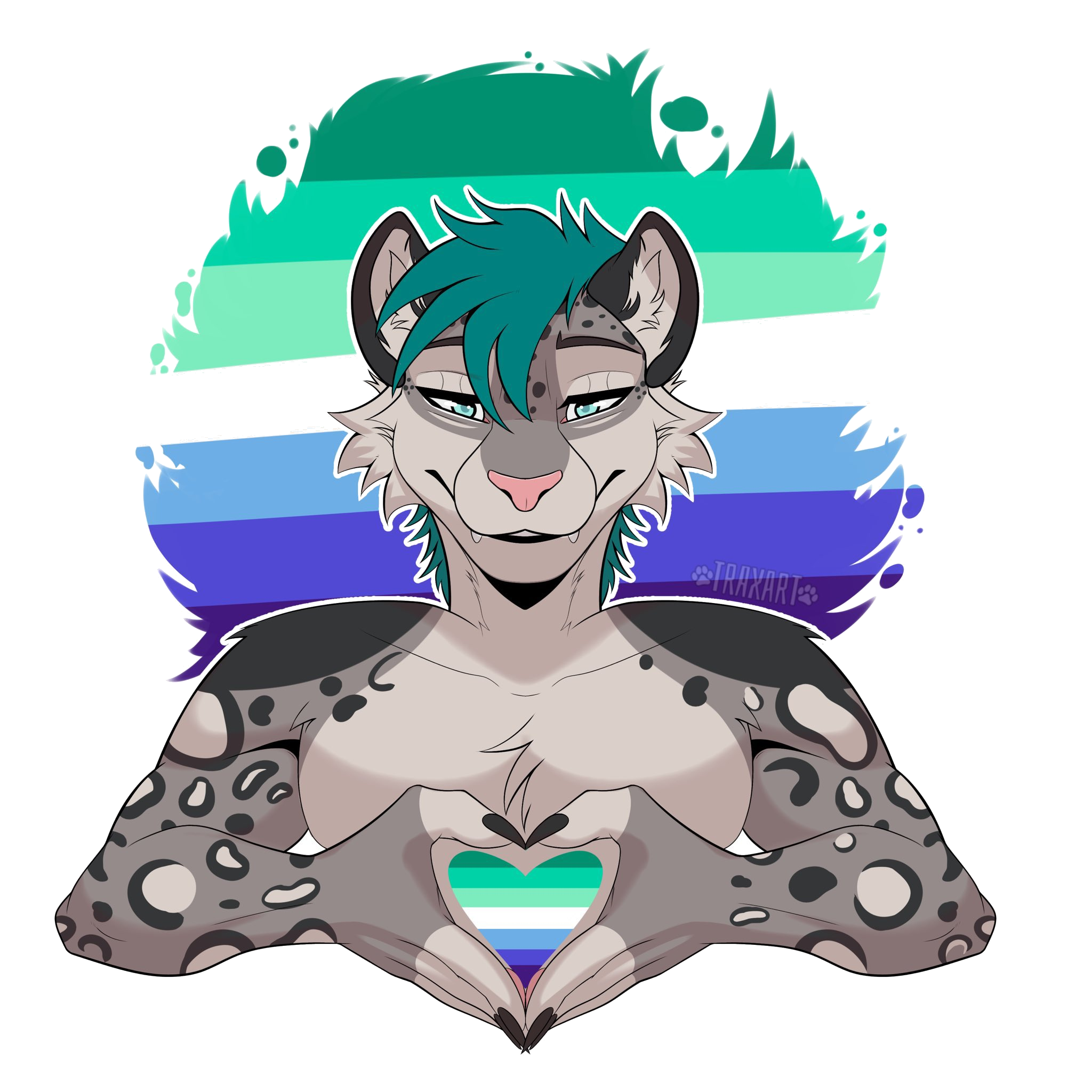 Illustrated spotted character with teal hair